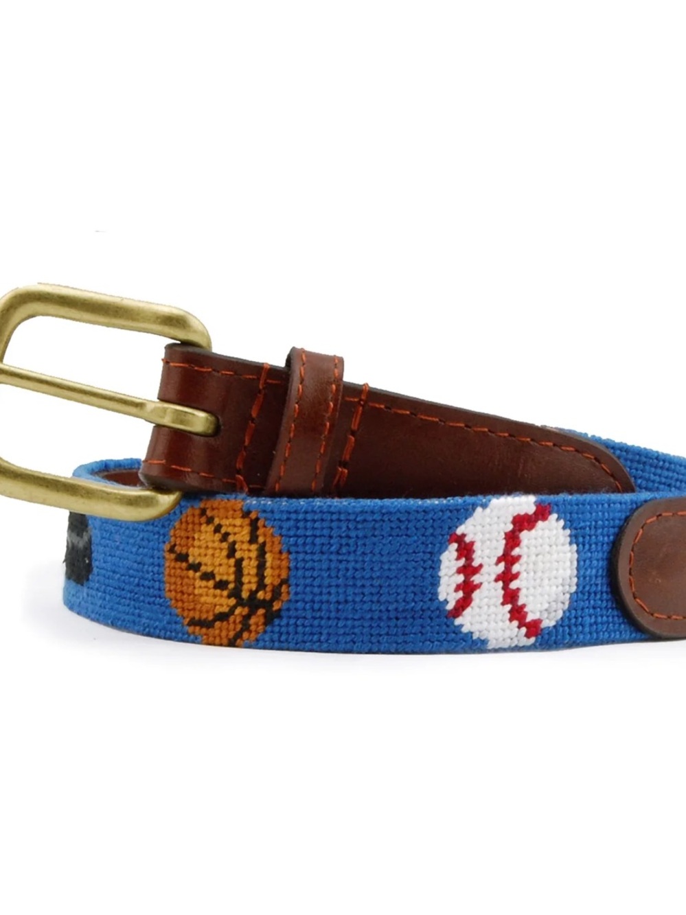 $110 Smathers & Branson Kids Blue Embroidered Sports Needlepoint Belt MEDIUM EUC
